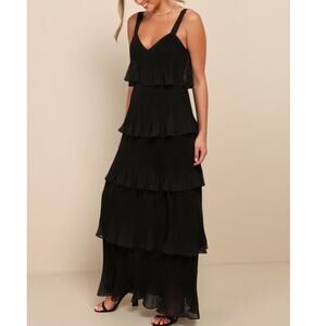 Lulus Elegant Nature Black Pleated Sheath Chiffon Sleeveless Tiered Maxi Dress